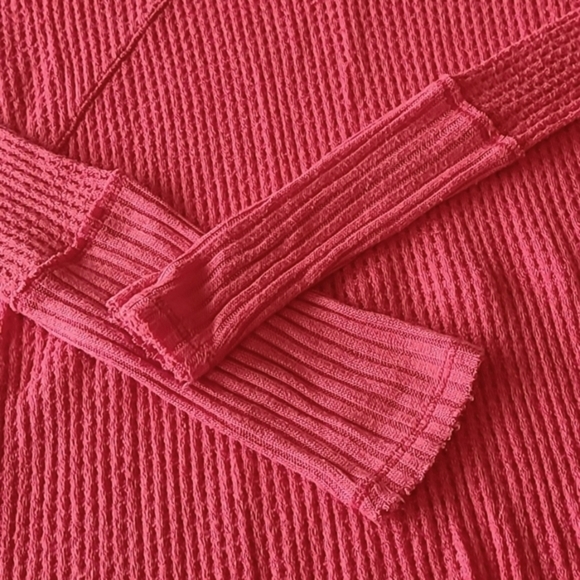 Free People Sunset Park coral v-neck tunic length waffle knit thermal top size S - Picture 8 of 16